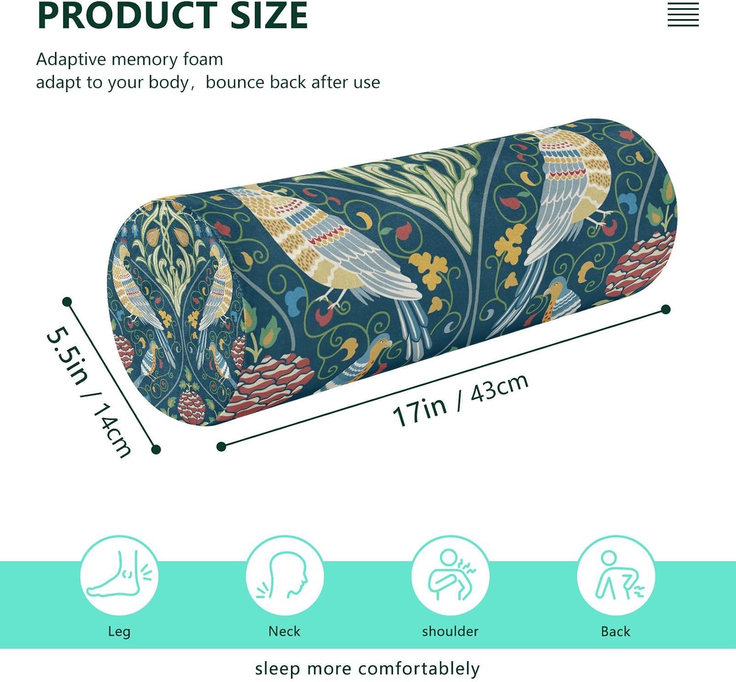 Green Birds Flower Vintage Neck Roll Pillow Bolster Round Health Memory Foam Long Cervical Cylinder Body Pillows with Removable Washable Cover for Bed Legs Back Yoga