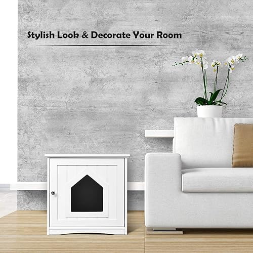 Vista 13 de Tangkula Caja de arena para gatos, muebles ocultos, mesita de noche para mascotas con puerta magnética, baño interior para gatos (negro)