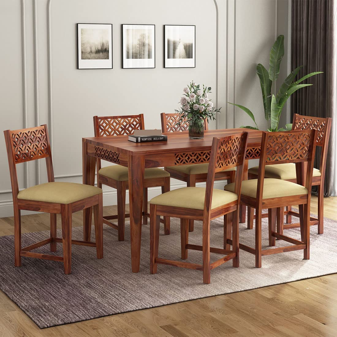 MH DECOART Solid Sheesham Wood Dining Table Set with 6 Cushion Chairs for Home Dining Room Wooden 6 Seater Dinner Table for Living Room Hotels Restaurants - Honey Finish