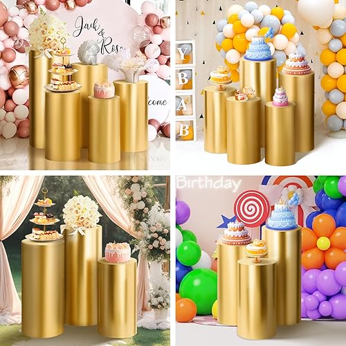 Miniatura 6 de Juego de 3 fundas de pedestal de cilindro doradas, cubiertas flexibles para soporte de cilindro para decoración de fiestas, bodas o eventos de