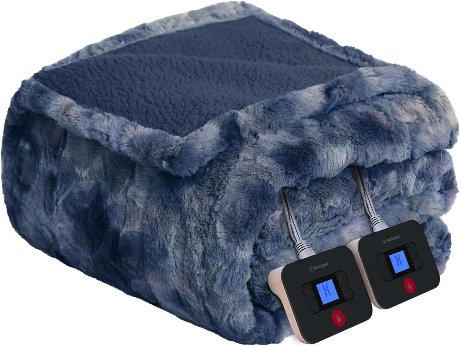 Westinghouse Electric Blanket Queen, Faux Fur Heated Blanket with 10 Heating Levels & 1-12 Hours Auto Off, Soft Cozy Sherpa Heated Blanket Washable Blanket (84" x 90" Queen Size, Indigo)