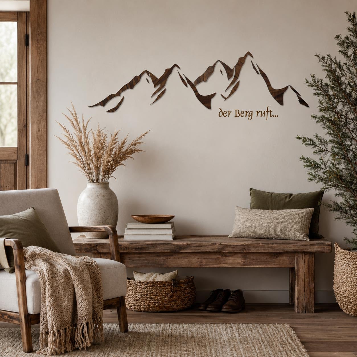LAVICO|M Wanddekoration aus Holz, Der Berg ruft, Berg Silhouette, Holzdekoration, Wanddeko, Wohnzimmer, Alpen, Berge, 3D Bergpanorama – 120 cm (B)