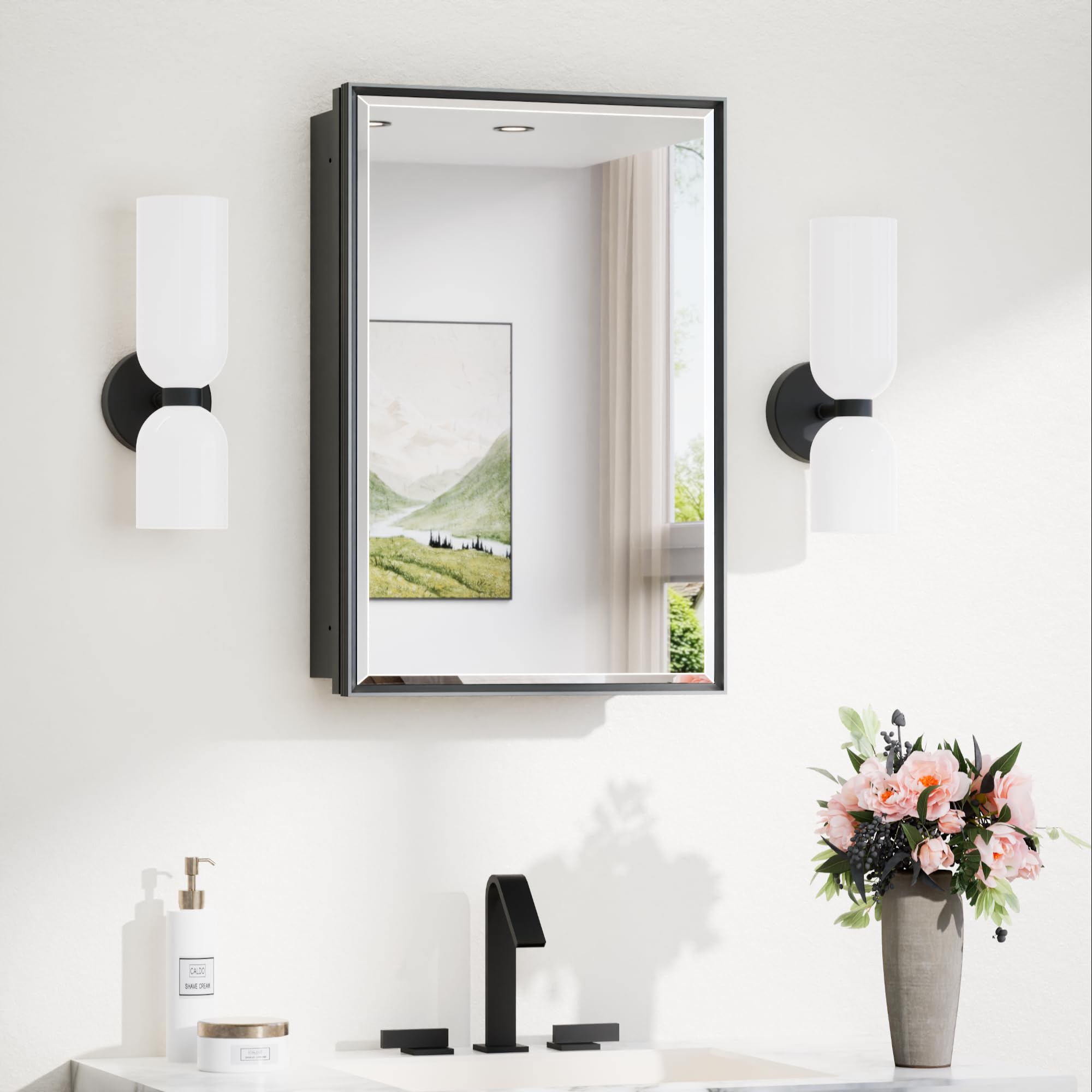 TokeShimi 16x24 Recessed Medicine Cabinet with Mirror Surface Mounted, Metal Beveled Mirror with Storage for Bathroom Vanity, Aluminum Black Medicine Cabinet Mirrored