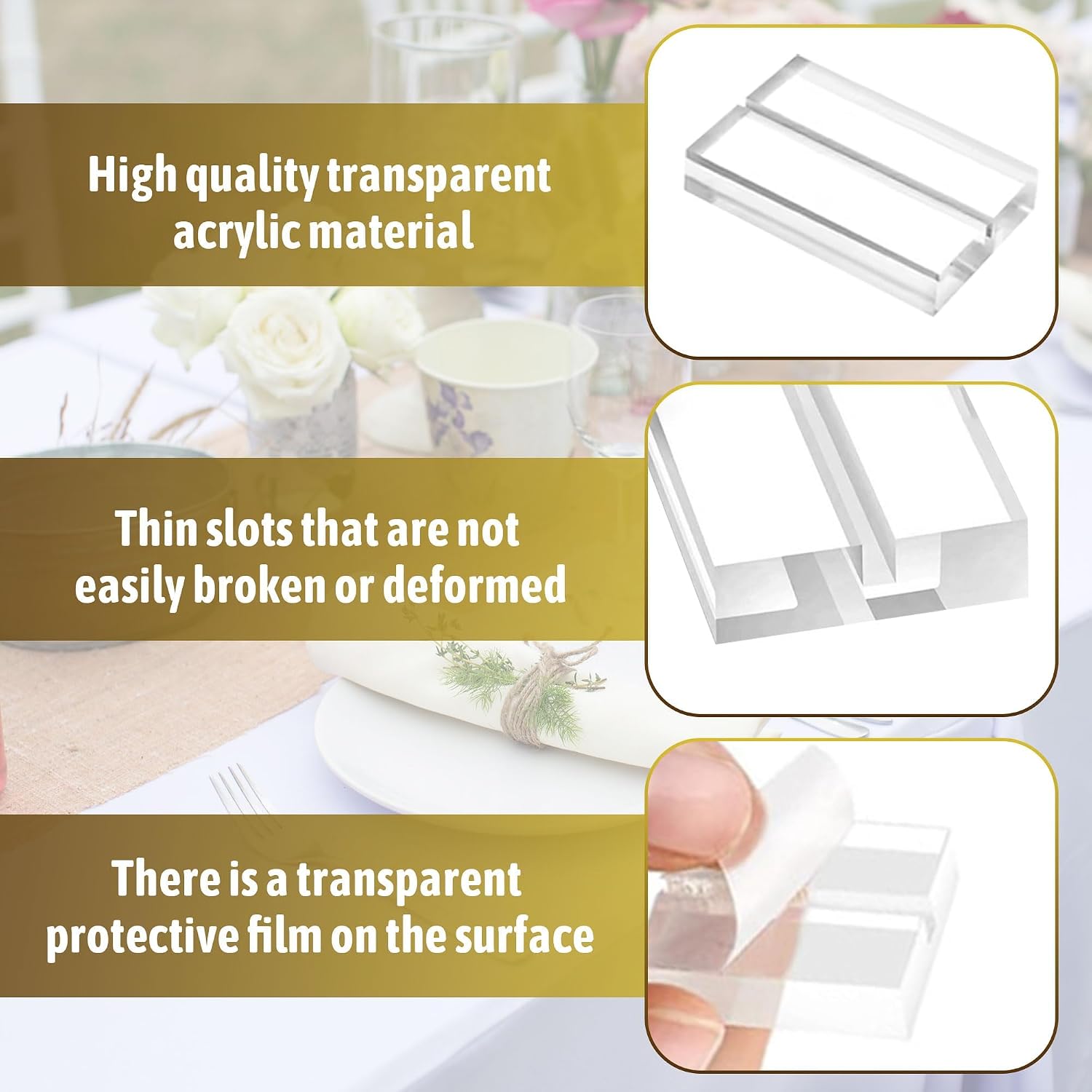 50 Pcs Acrylic Place Card Holders and 50 Pcs Place Cards with Gold Foil Border,1.2 Inch Name Card Holder Stands Clear Table Number Sign Holders for Table Wedding Photos Party Office Menu Meeting