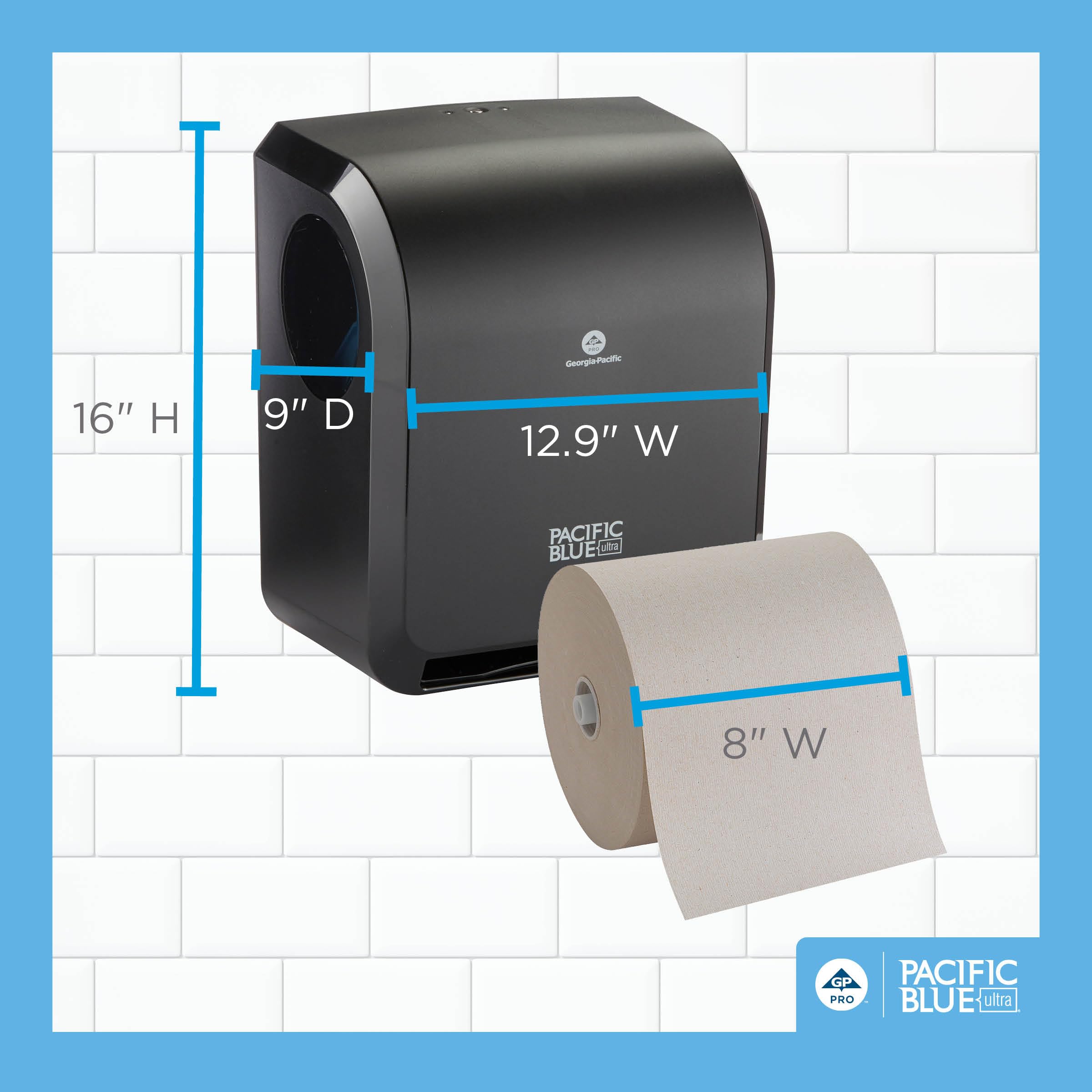 GP Pro (Georgia-Pacific), dispensador automático de Toallas de Papel sin Contacto de 8 Pulgadas, de Alta Capacidad, dispensador Negro (59590), 1 Rollo de Toalla marrón (26495)