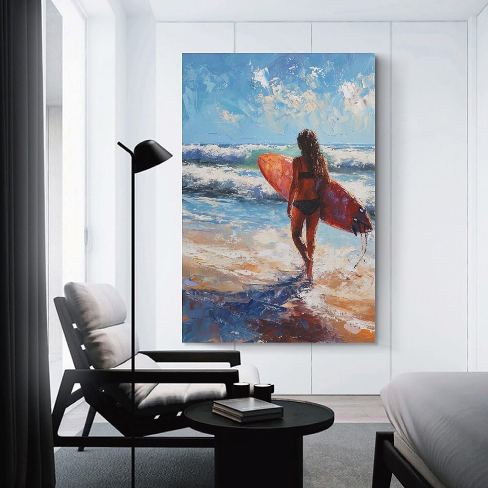 Junmoney Girls Unframe-Style-24-1 Surfer On Beach Painting Decorative Wall Artwork 24X36inch(60X90cm), For Front Hall, Corridor Or Welcome Spaces, Decorative Wall Art For Narrow Spaces