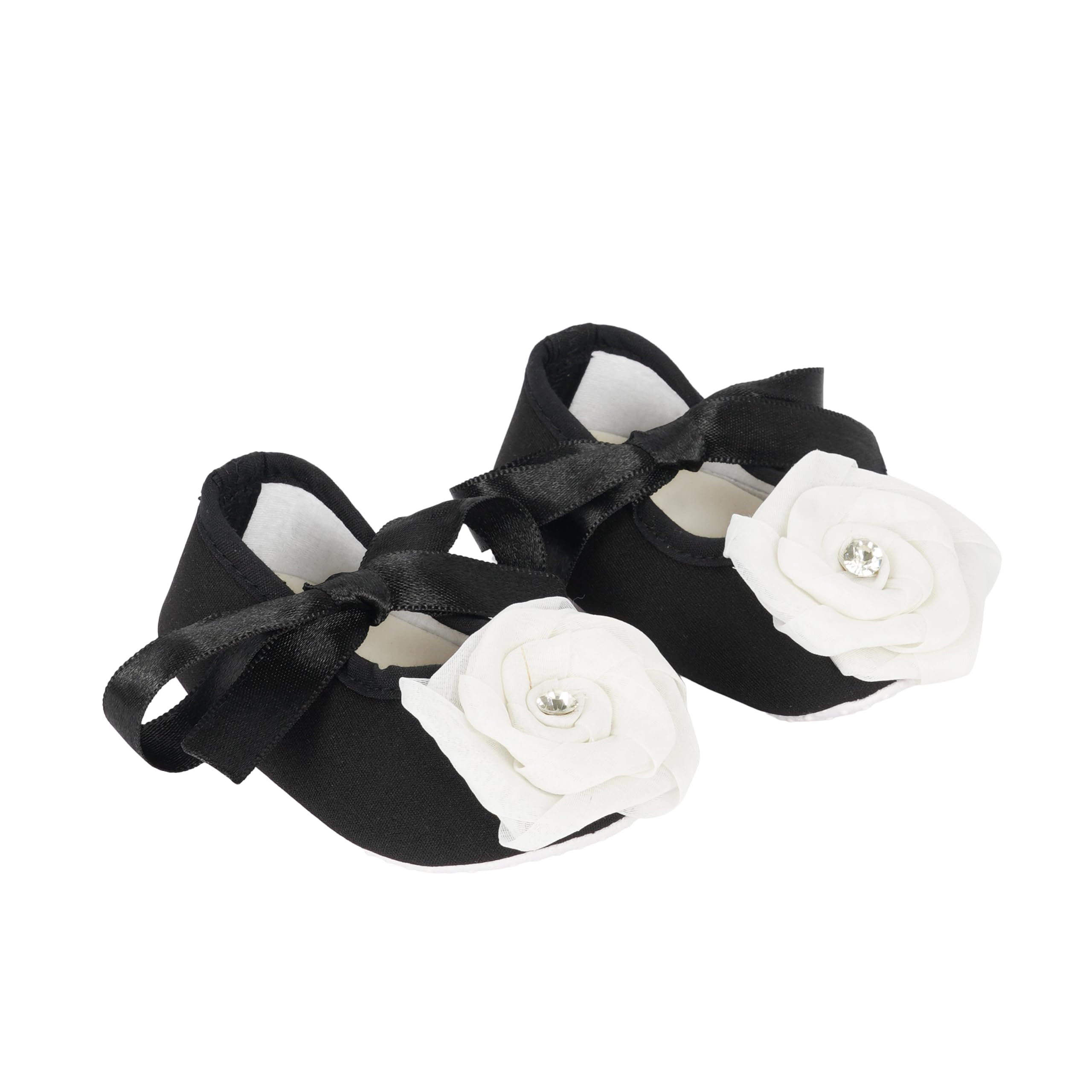 Infant New Baby Toddlers Boys and Girls Cotton Black Sandal Ribbon Booties With White Flower Patch [RSM_78]-image-39