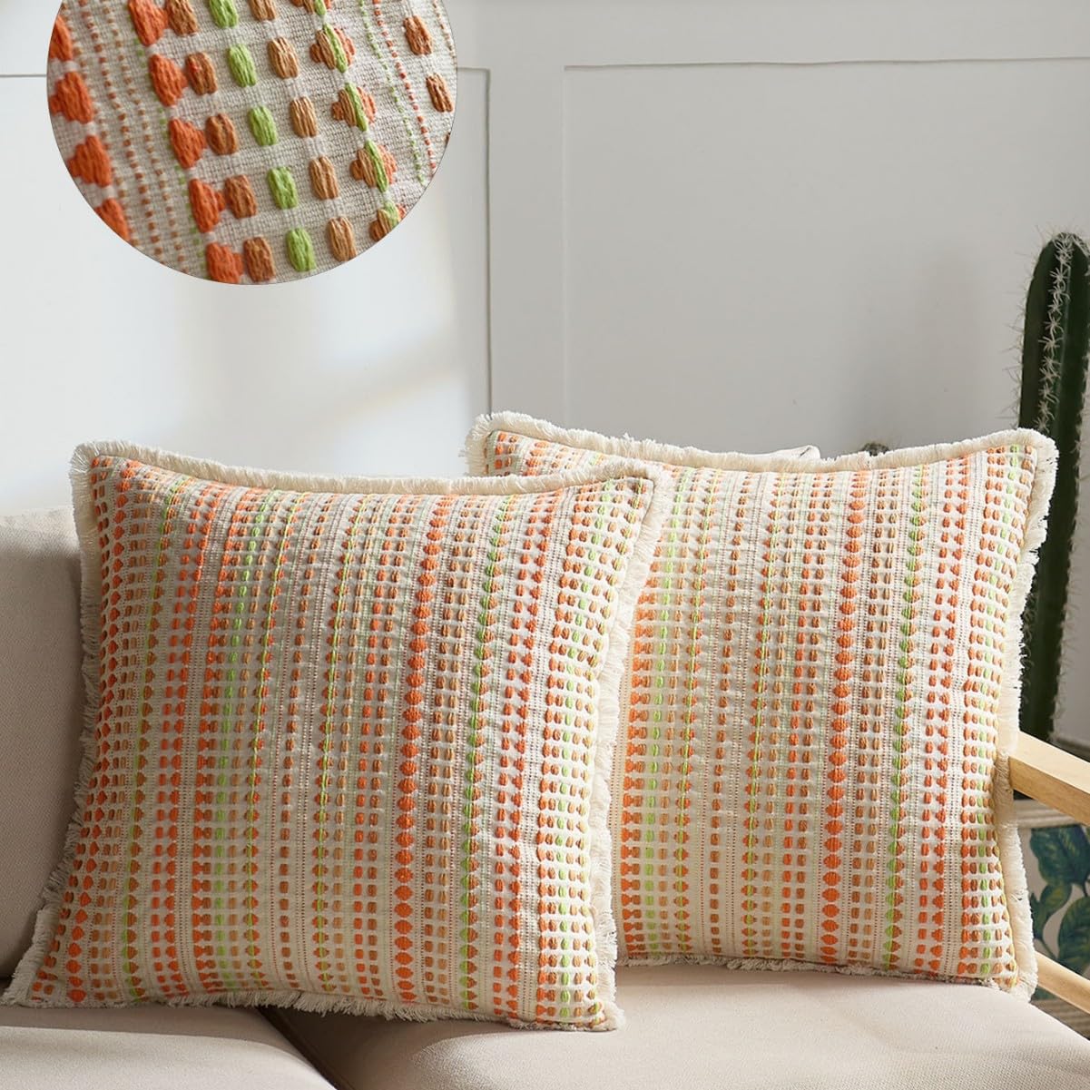 Housse de coussin bohème orange 40,6x40,6 cm à rayures rustiques lot de 2