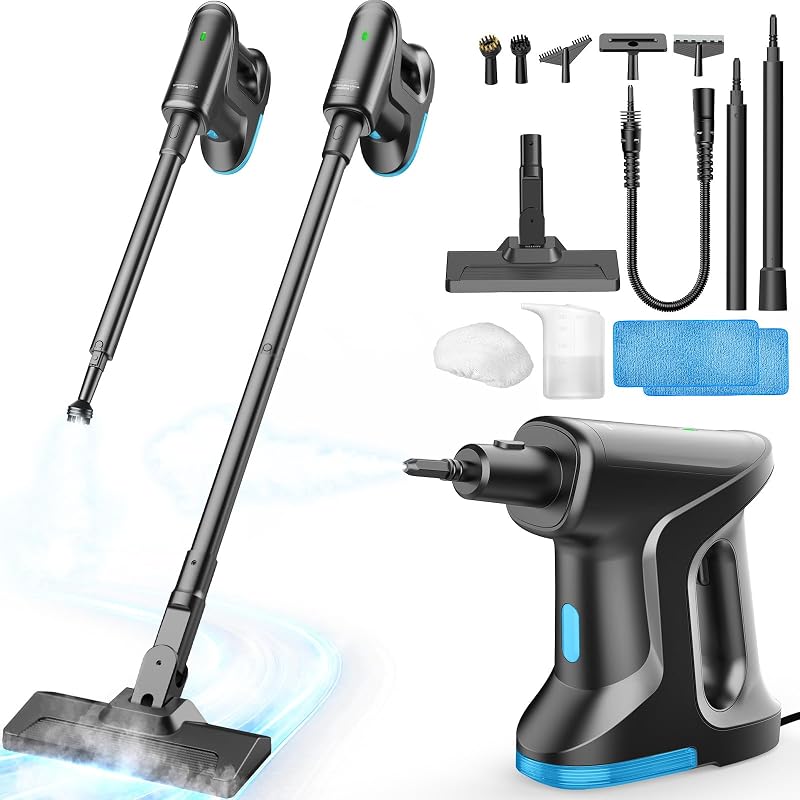 Nettoyeur Vapeur, Balai Vapeur démontable chauffe en 15s, 145℃ nettoyage à la vapeur sans produits chimiques, Steam Cleaner Portable pour Parquets Carrelages Joints Fenêtres Salles de Bains Cuisines