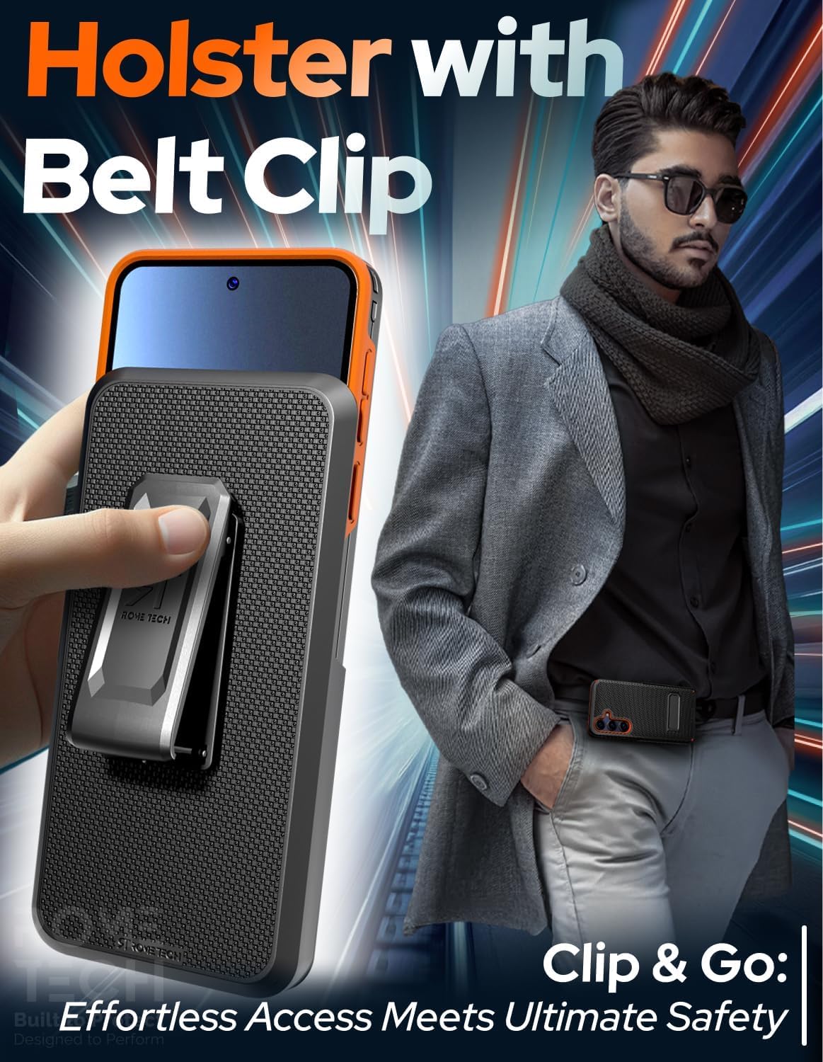 Designed for Samsung Galaxy S25 Case with Belt Clip Holster - Compatible with MagSafe Magnetic Heavy Duty Phone Cover with Kickstand - Black & Orange - Image 4