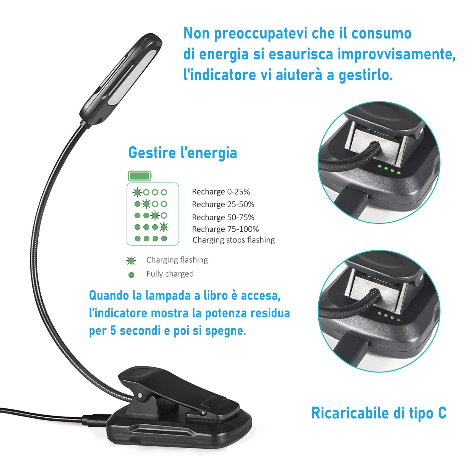 Diboniur Lampada da Lettura, Luce da Lettura con Pinza, 9 LEDs 3 Modalità con Lampada USB Ricaricabile, 360° Flessibile Collo Luce Lettura Clip per Lettura Libri a Letto, Viaggi, Emergenza