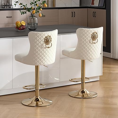 Miniatura 7 de Juego de 2 taburetes de bar giratorios dorados, taburetes de bar ajustables de terciopelo con respaldo copetudo, ribete de cabezas de clavos y