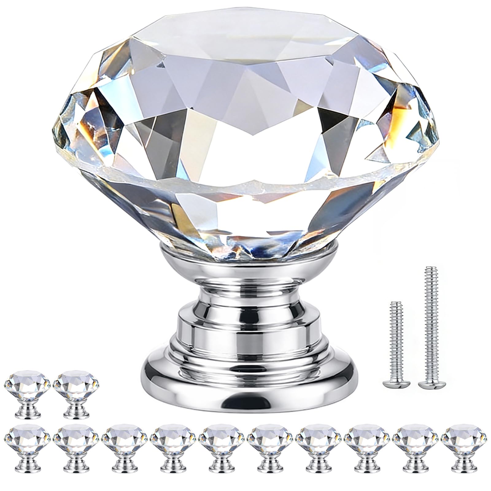 OAMCEG 12 Pack Crystal Glass Drawer Knobs, Diamond Cabinet Handles, Clear Faceted Glass Knobs for Cupboards, Drawers, Wardrobes and Bedside Tables, Silver