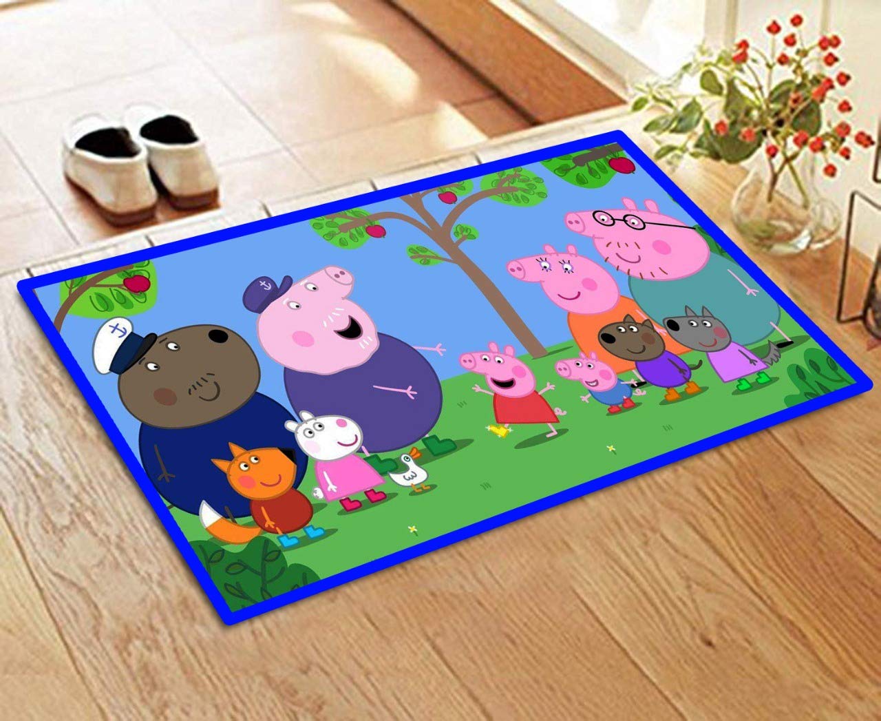 YOUTHFUL THREADS Soft Rubber Plain & Striped Anti-Skid Digital Print Doormats Bathmats (Pack of 1, 40 x 60 cm, The Peppa Pig Family)