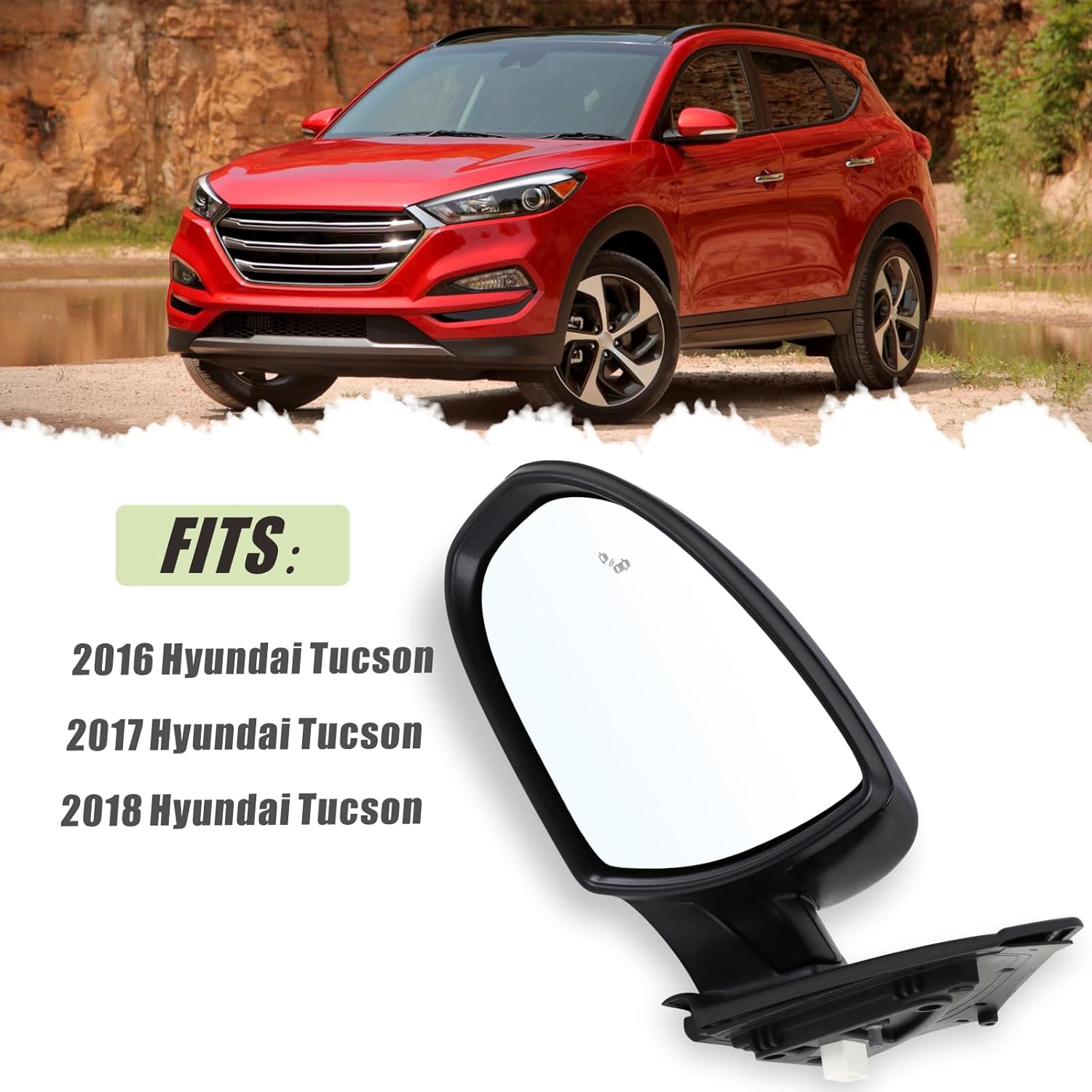 Left Driver Side Mirror Compatible With 2016 2017 2018 Hyundai Tucson With Manual folding Power glass Turn Signal Heated Blind Spot Black Replace #HY1320231(8Pins)