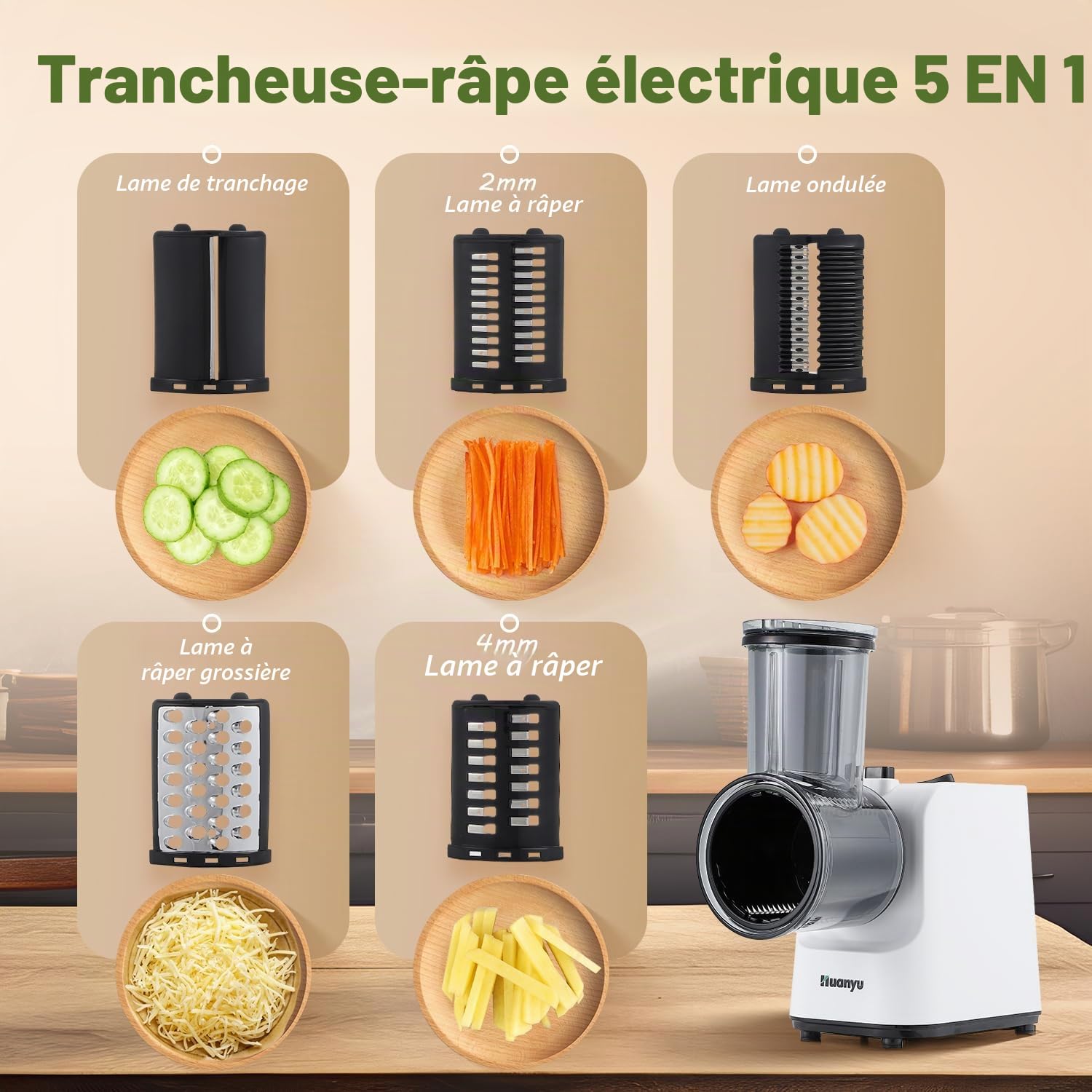 Huanyu Râpe à fromage électrique multifonctionnelle 5 lames 250W Râpe à légumes électrique et hachoir à viande Blanc