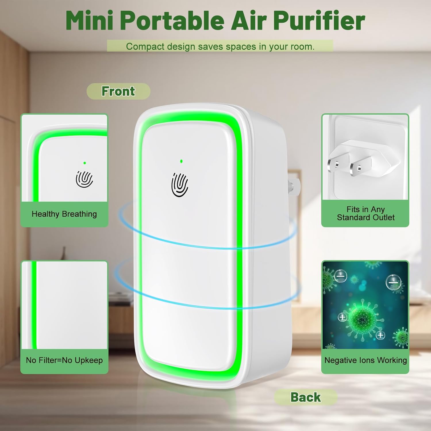 Plug in Air Ionizers Negative Ion Air Purifier Mini Portable Air ionizers for Home, Bedroom, Office-Night light Touch Button White (4)
