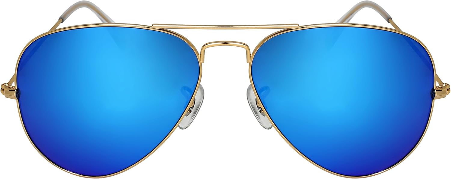 Edge I-Wear Metal Aviators Sunglasses for Small Face W/Premium Mineral Glass Lens (QME08-IRRV-3302: Blue-white glass mirrored lens, 58)