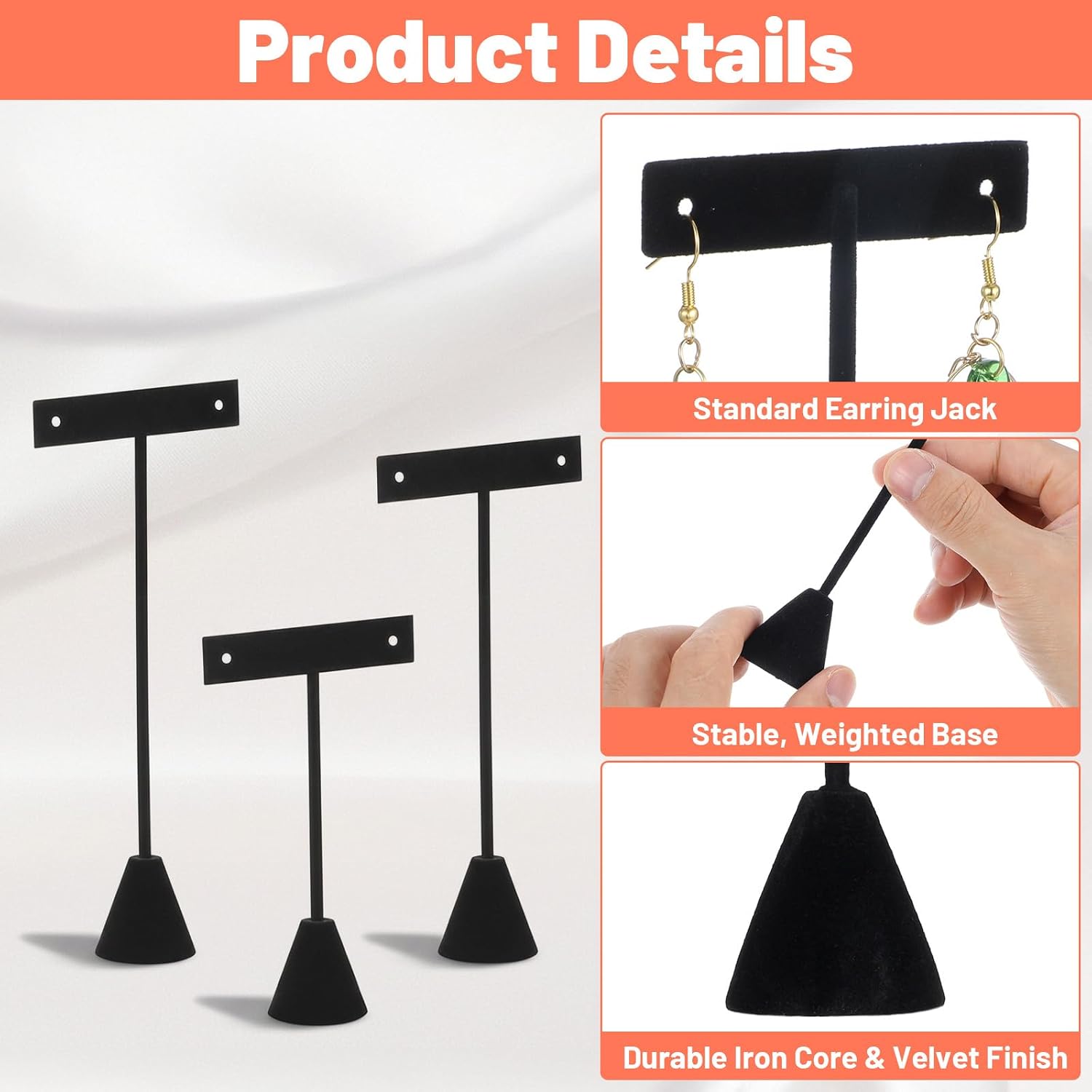 6-Piece Velvet Earring T-Stand Set - 3 Sizes (6.9”, 5.7”, 4.66”) Earrings Holder for Secure Jewelry Display & Organization - Black Earring Display Stands