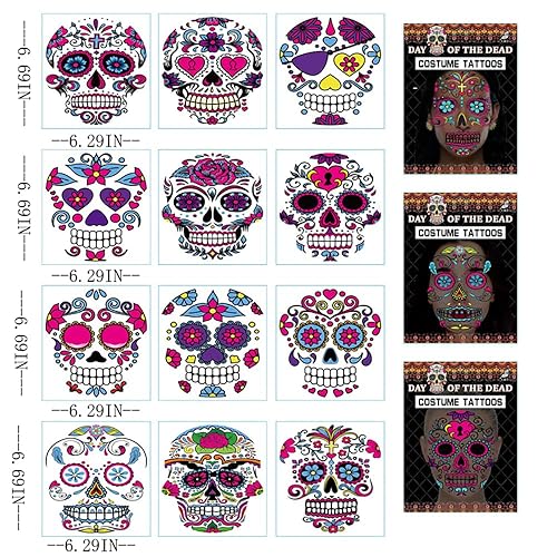 Miniatura 7 de Tatuaje temporal de Halloween con calavera de azúcar, 12 hojas de tatuajes falsos que brillan en la oscuridad, tatuajes falsos de calavera para