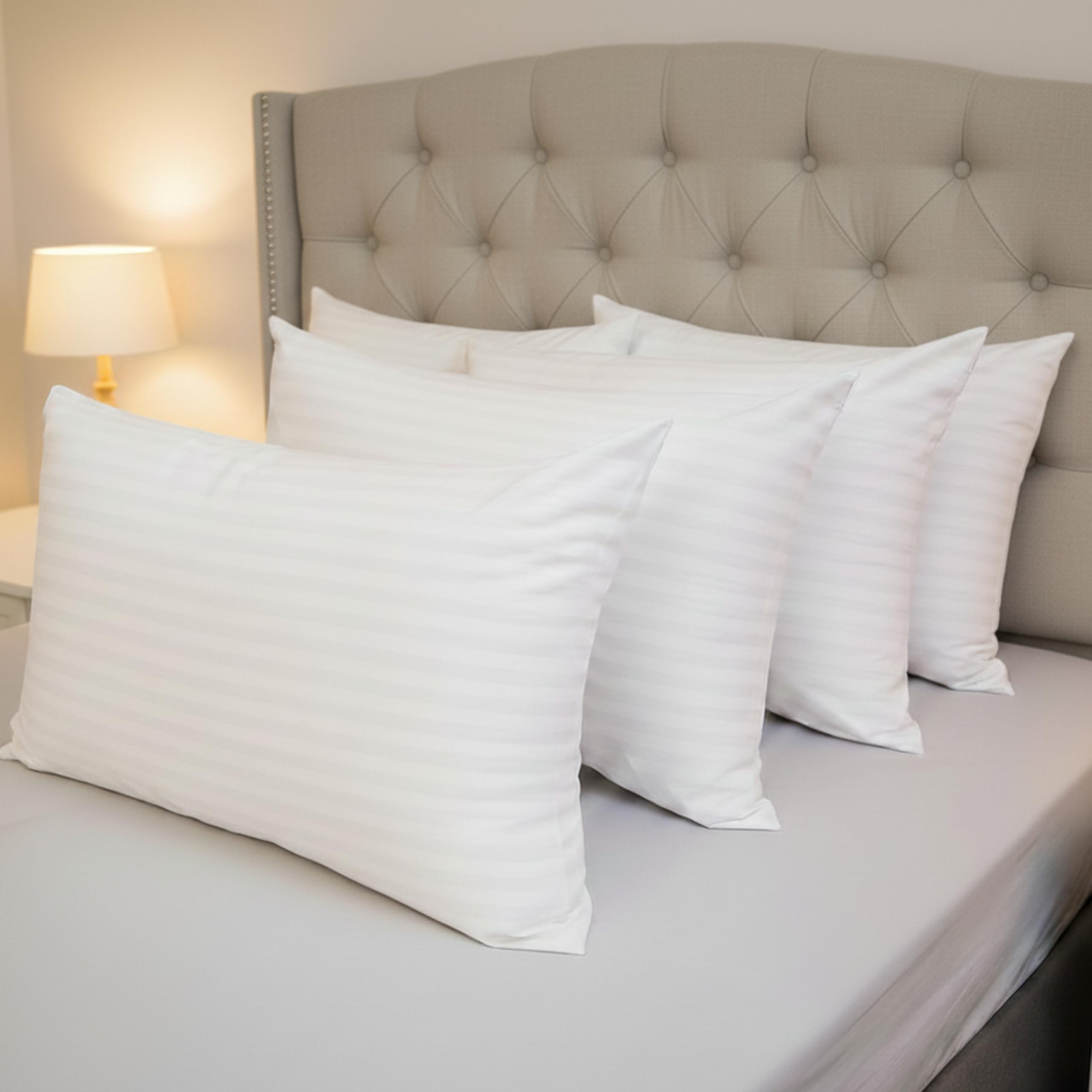ELOVELA Premium Stripe Hotel Pillows 4 Pack – Soft, Supportive White Firm Pillows for Side, Back & Stomach Sleepers - Durable & Machine Washable