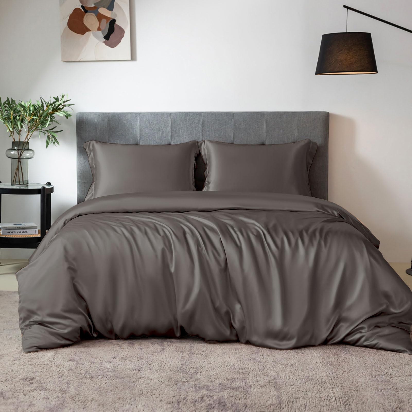 THXSILKSilk Duvet Cover Set 4 Piece, Silk Sheets, Luxury Bedding Sets - Ultra Soft, Machine Washable, Durable - 100% Top Grade Mulberry Silk Queen Grey UJ-RE27-D7QL