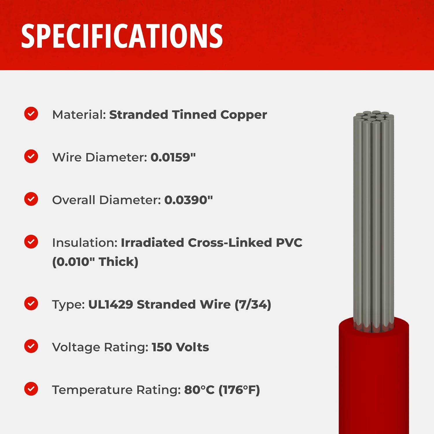 26 AWG Gauge UL1429 Stranded Hook Up Wire, 150V, 0.0390" Diameter, Red, 250 ft Length