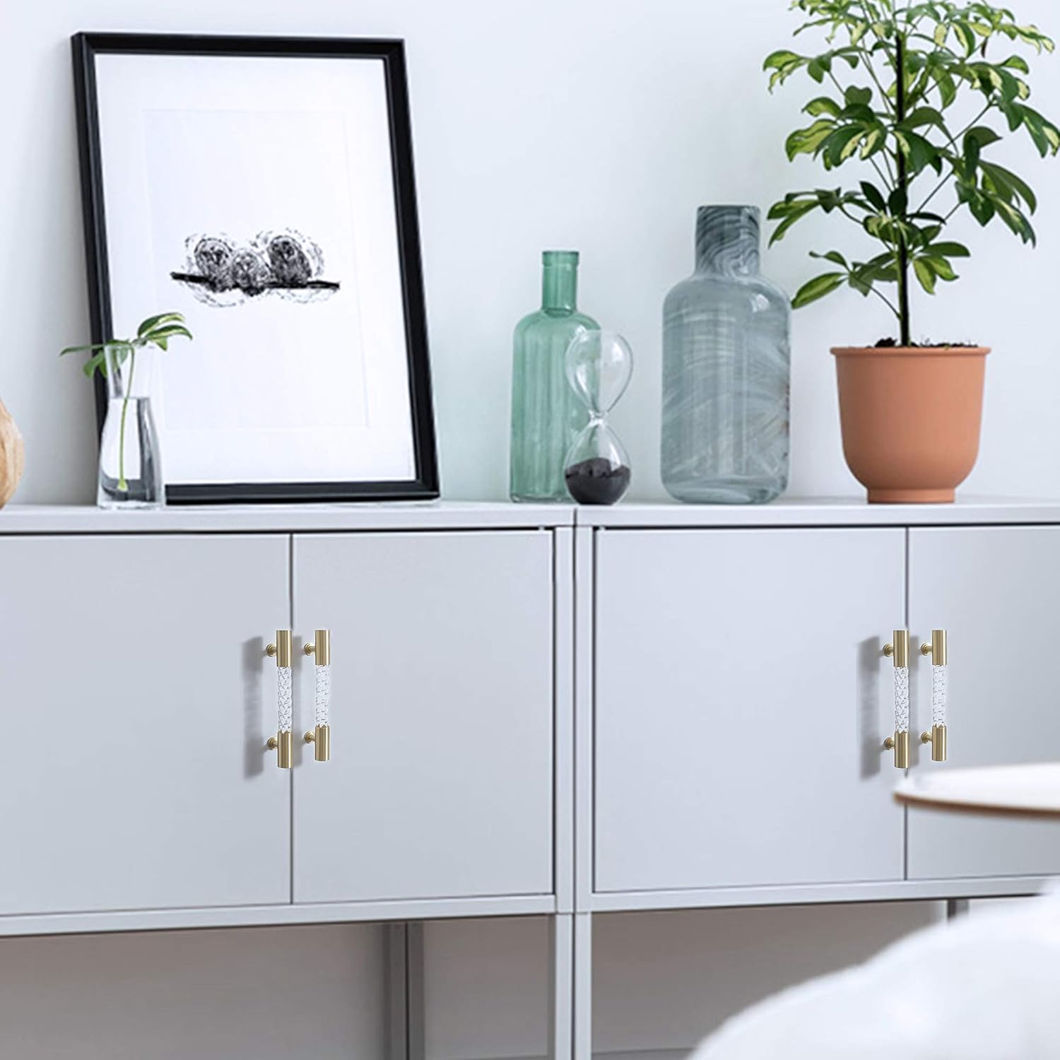 LBFEEL 8.8" Transparent Acrylic Cupboard Handles and Knobs Simple Twisted Dresser Drawer Pull T bar Handle Bathroom Cabinet Handle with Brass Bases 224mm (8.8" Hole Centers)