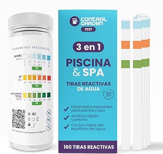 CONTROL GARDEN 160 Tiras pH Reactivas de Prueba 3 en 1 | Test Piscina y Spa | Medidor pH, Broma y Alcalinidad Total Agua Baño | Análisis Rápido en 30 Segundos | Control Preciso