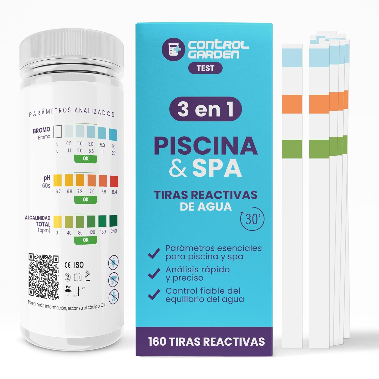 CONTROL GARDEN 160 pH Reactive Test Strips 3 in 1 | Pool and Spa Test | pH Meter, Joke and Total Alkalinity Water Bath | Quick Analysis in 30 Seconds | Accurate Control