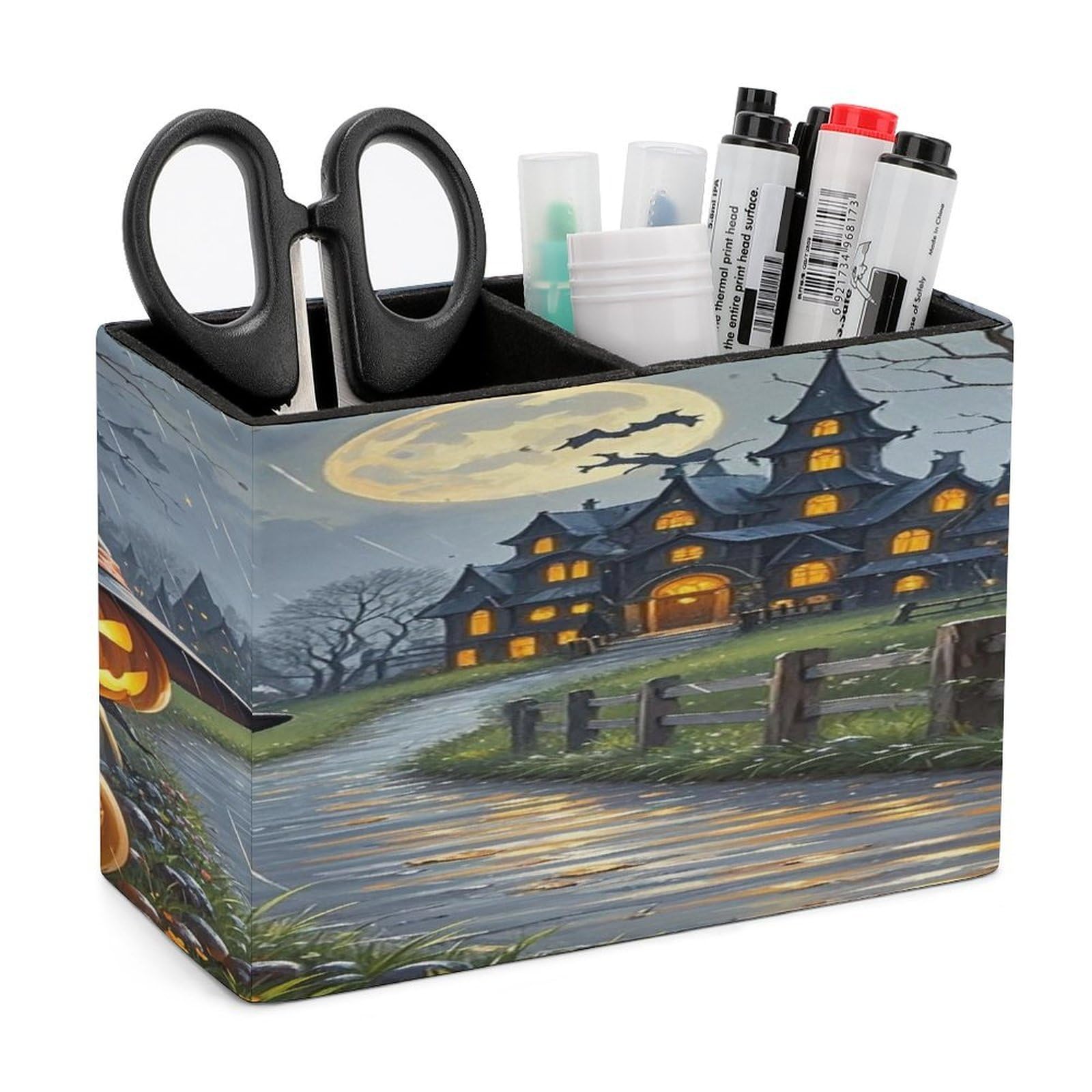 LZQPOEAS Smiling Strange Pumpkin Lantern Leather Pen Holder with 2 Compartments Luxury Pencil Holder Minimalist Pencil Cup Brush Scissor Holders Elegant Pen Cup for Office Home Desk Accessories