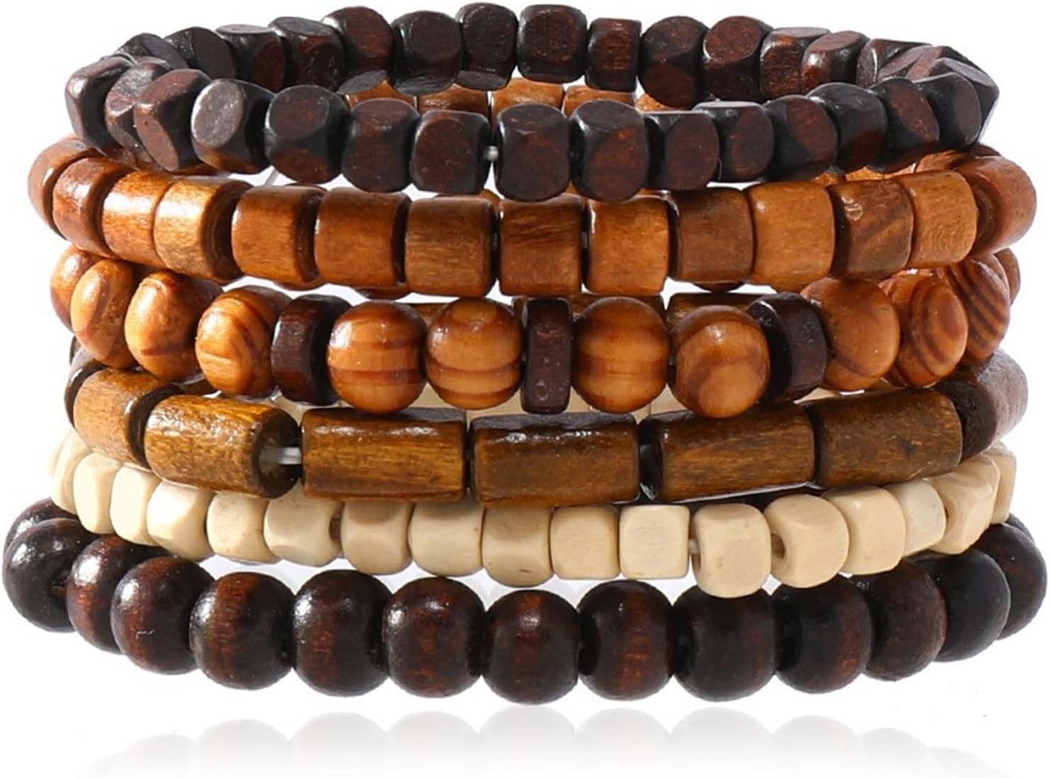 Wooden Stretch Bracelets for Women Men, 6Pcs Natutral Beads Wristband Men's Bead Bracelet Beaded Bracelets for Men Adjustable Elastic Mens Bracelet Set Cuffs Gifts for Men