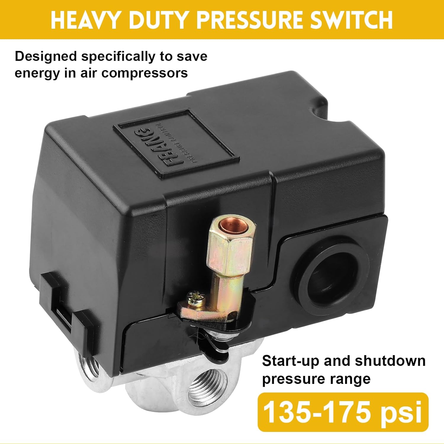Air-Compressor Pressure Switch 135-175 psi 4 Port 26 Amp 220V, with Adjustable Unloader and Relief Valve