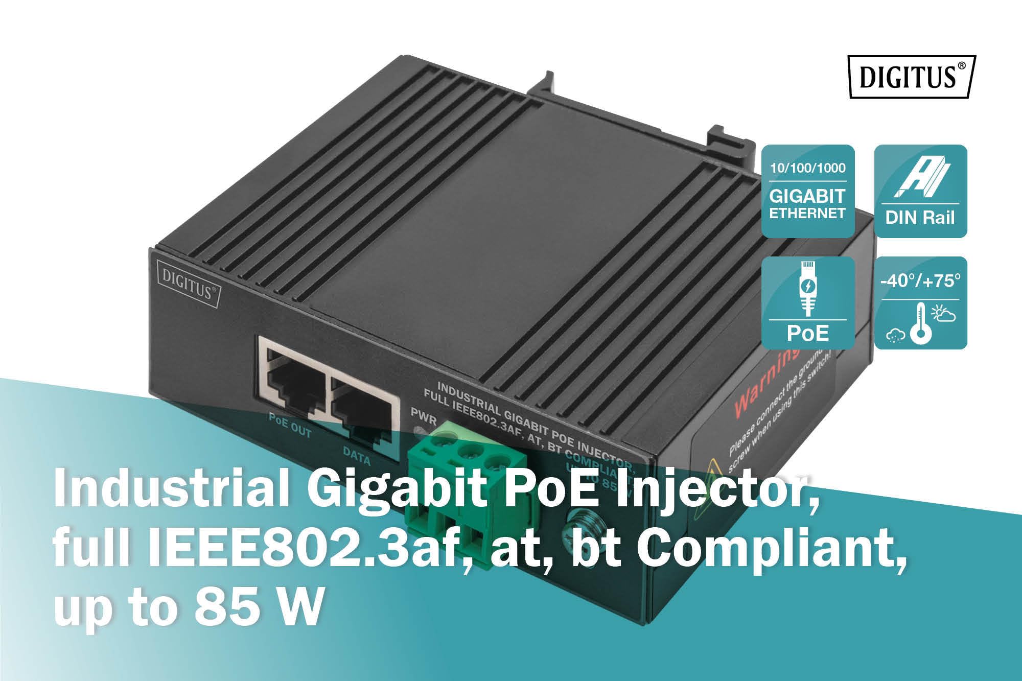 DIGITUS Injecteur Industriel Gigabit Ethernet PoE - 85W - 10/100/1000 Mbps - portée 100m - Montage sur Rail DIN - Noir