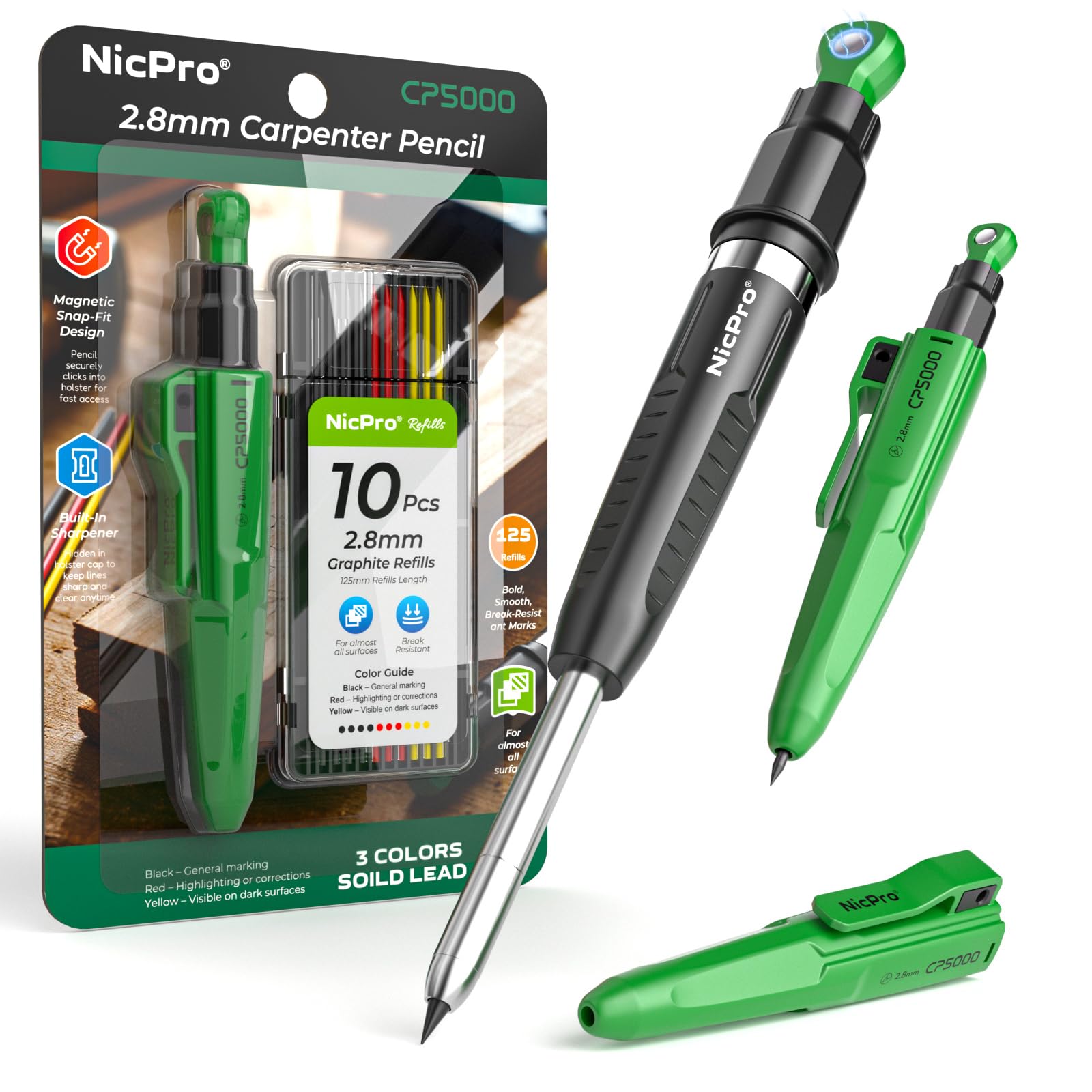 Nicpro 7-in-1 CP5000 Magnetic Carpenter Pencils with Sharpener, 2.8mm Mechanical Construction Pencil+10 Refill, Deep Hole Marker for Construction, Woodworking Pencil, Carpenter Tools for Marking-Green