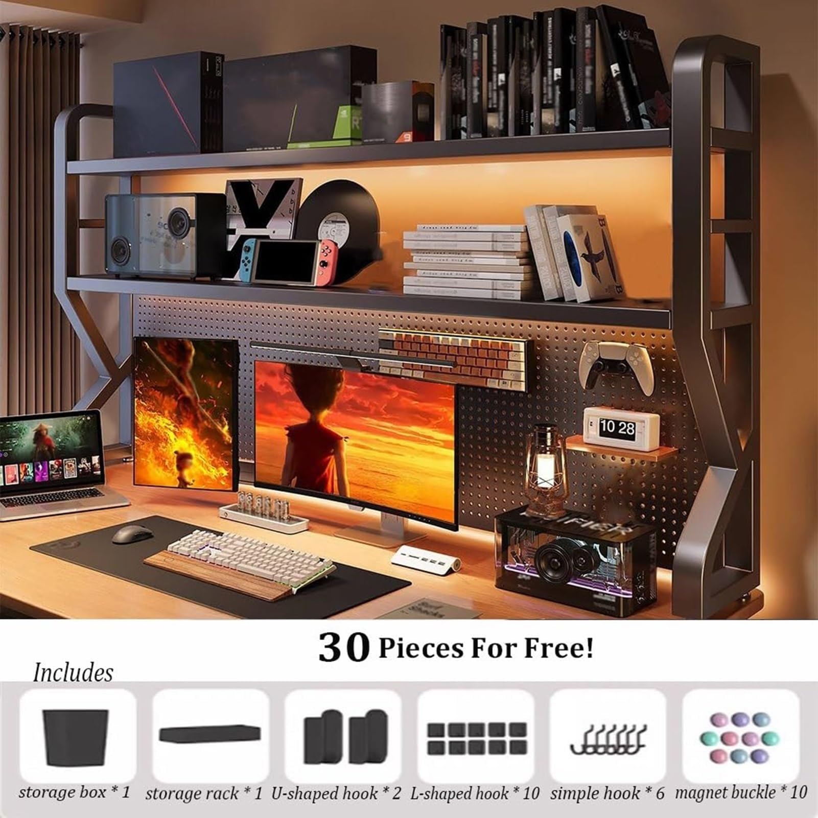 Organisateur de Bureau avec Panneau Perforé, Étagère Haute pour Écran, Bibliothèque Gaming en Acier au Carbone, Rangement Vertical Gain de Place avec Kit de 30 Accessoires(Black,75cm)