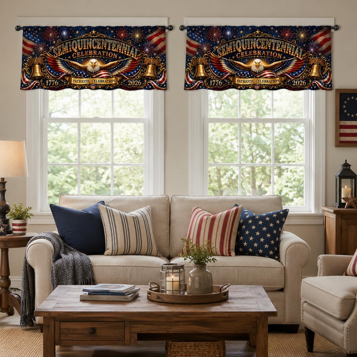 Semiquincentennial Eagle Bell Window Valances, Patriotic Curtain Toppers for Kitchen Bedroom Living Room, Rod Pocket, 54 x 18 Inch, Set of 2 Panels