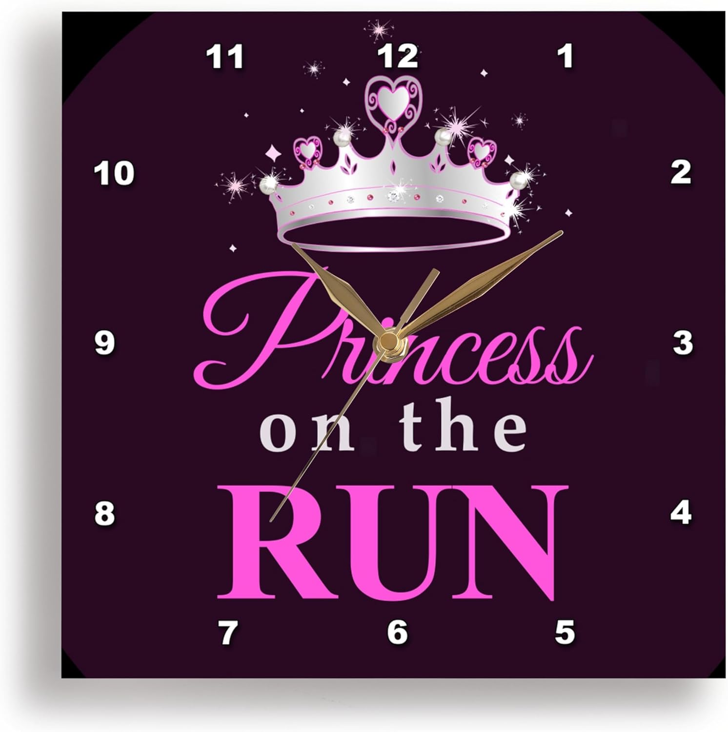 3dRose Princess on The Run - Black - Hot Pink Text - Silver Tiara Crown - Girl Runner Running Race Racing - Wall Clock, 10 by 10-Inch (DPP_161533_1)