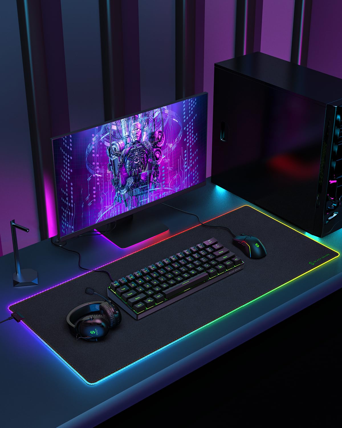 Black Shark Tappetino per mouse RGB 89,9 x 40 x 0,4 cm, esteso con superficie liscia e 11 effetti di luce, tappetino da scrivania con bordi cuciti anti-sfilacciamento e base in gomma antiscivolo