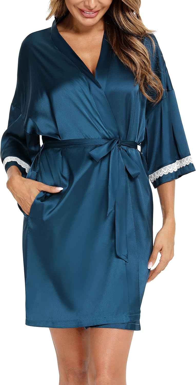 Vlazom Womens Satin Robes Dressing Gown Bridesmaid Bride Party Robes Silky Bathrobes Short with