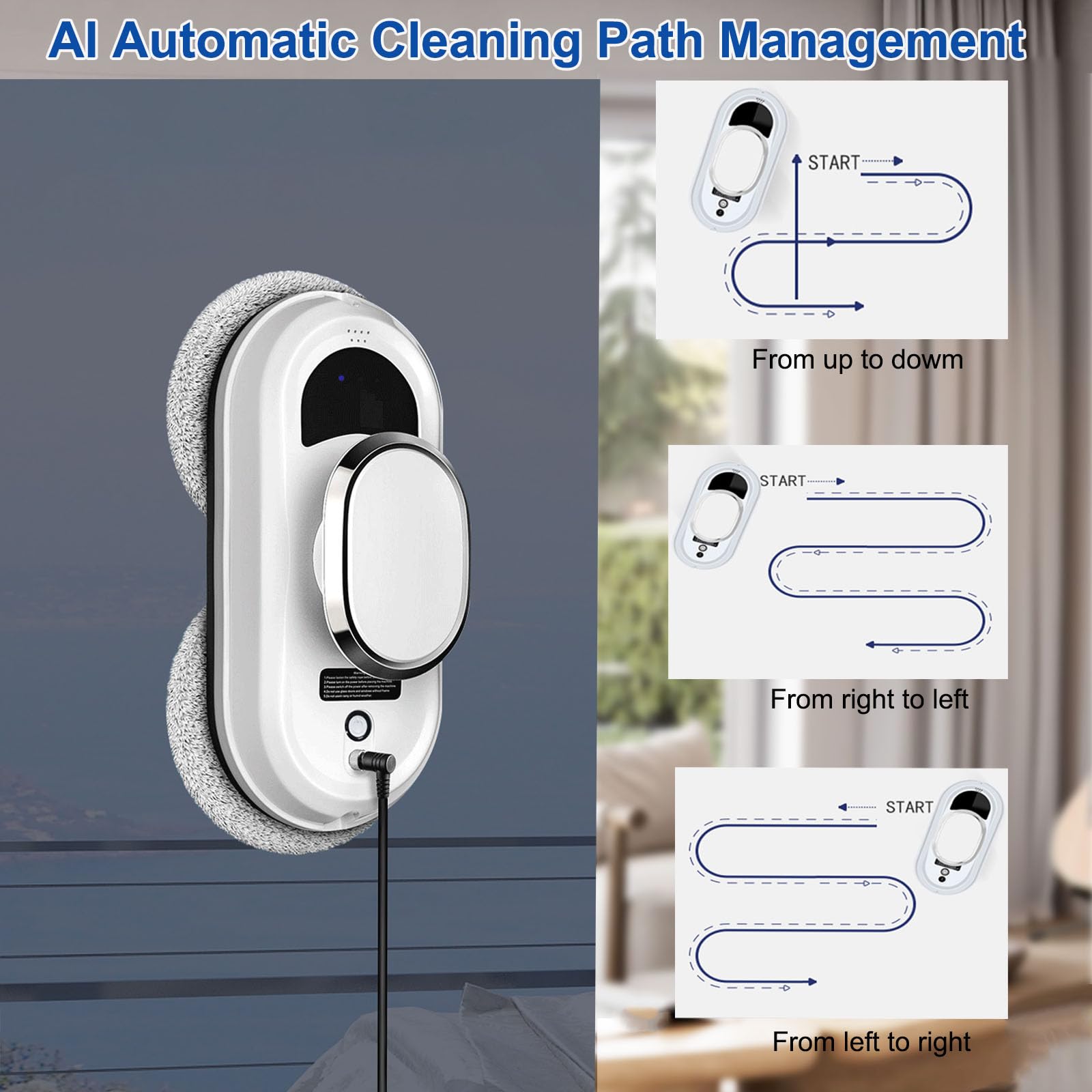 Robot de limpieza de ventanas, automático, 5600 Pa, 3 modos de limpieza, control remoto, 2 8 paños de repuesto preinstalados, doble protección de seguridad
