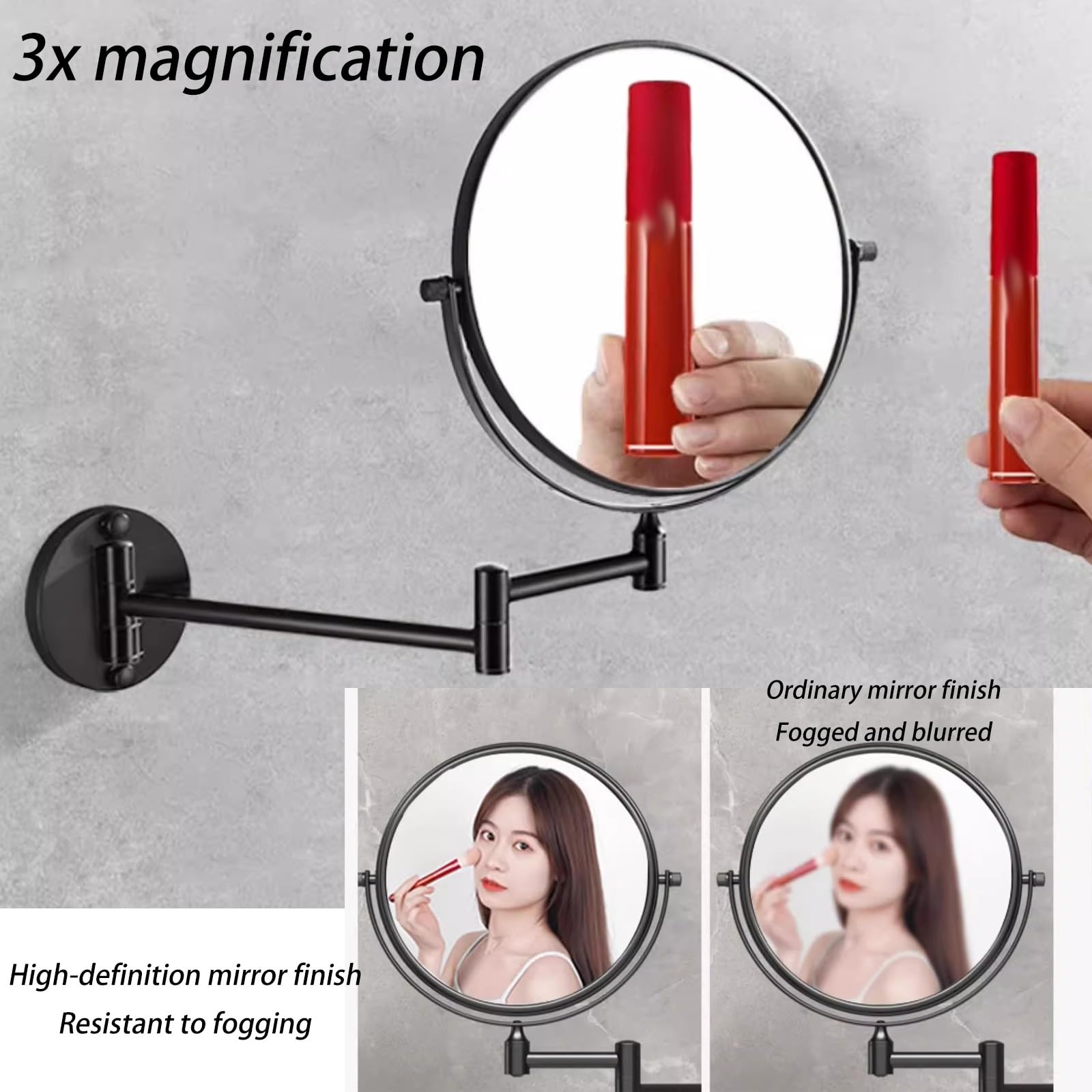 Specchio Trucco Da Parete Specchio Cosmetico Con Ingrandimento 1x/3x, Estensibile A 360 °, Specchio Da Bagno Per Trucco O Rasatura Braccio Pieghevole Estensione(Noir)