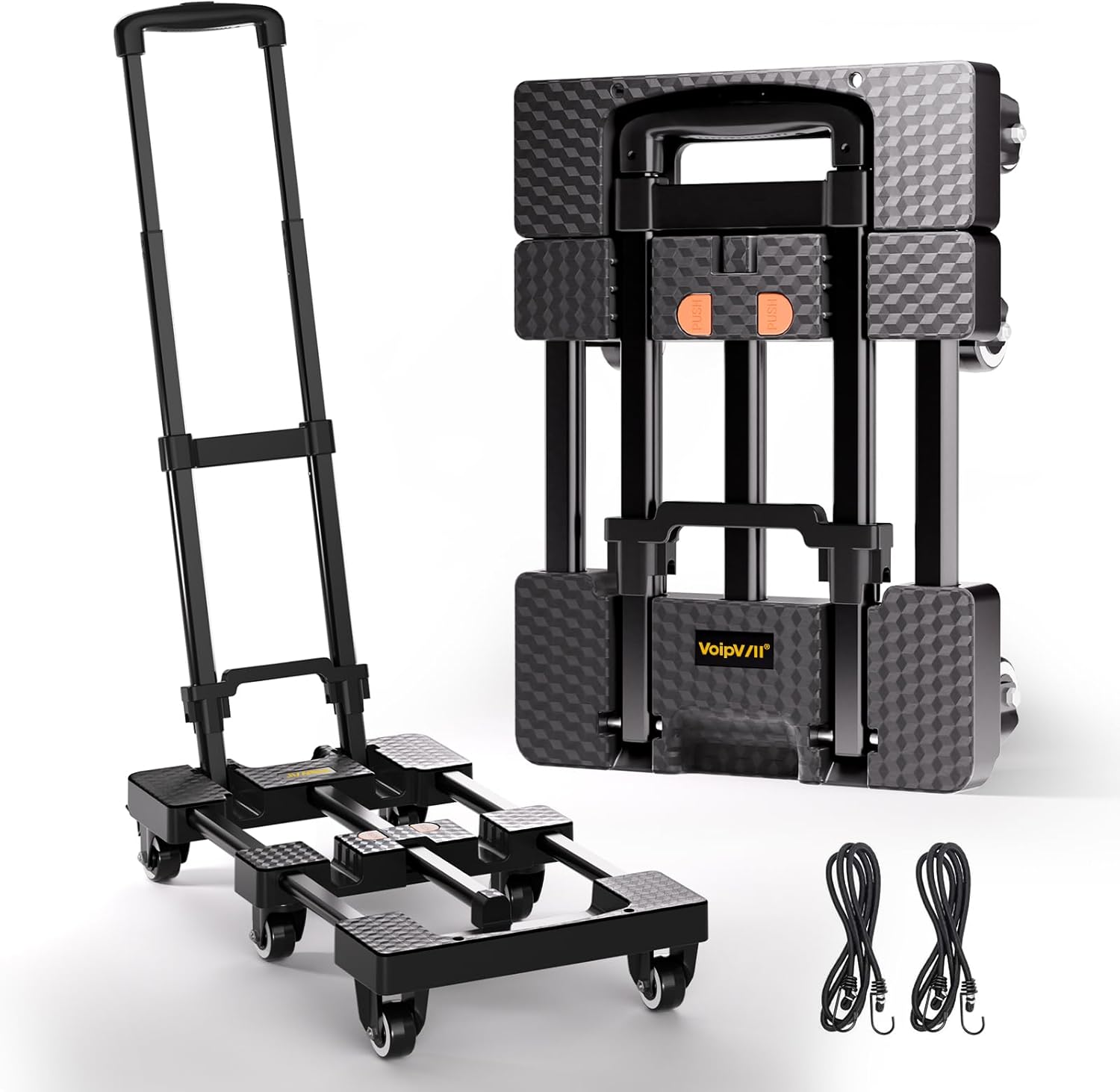 Folding Hand Truck 500lbs Heavy Duty Portable - 6 Wheels Collapsible Design with 2 Elastic Ropes
