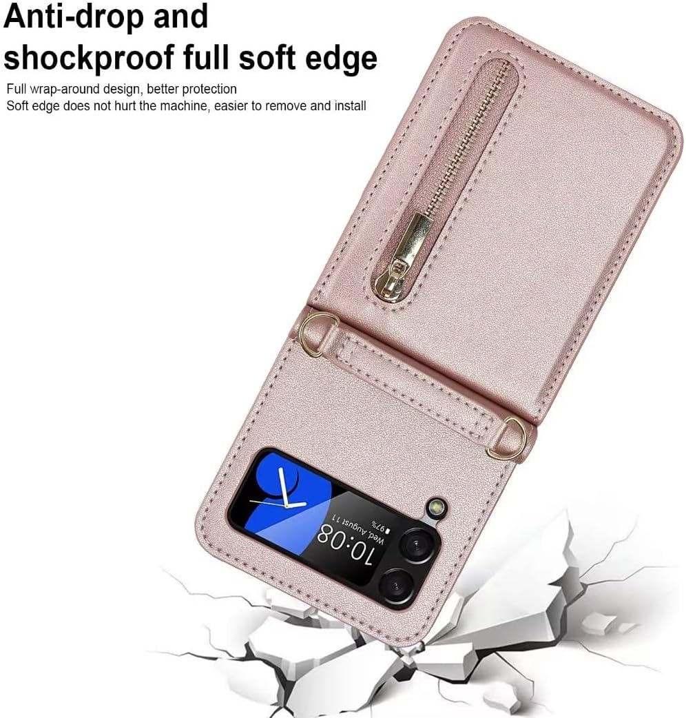 for Samsung Galaxy Z Flip 4 Luxury Zipper Wallet Phone Case, Multi-Function Kickstand Card Holder Adjustable Crossbody Strap, Fashion Flip Case，Perfect for The Modern Women and Girls（Rosegold）