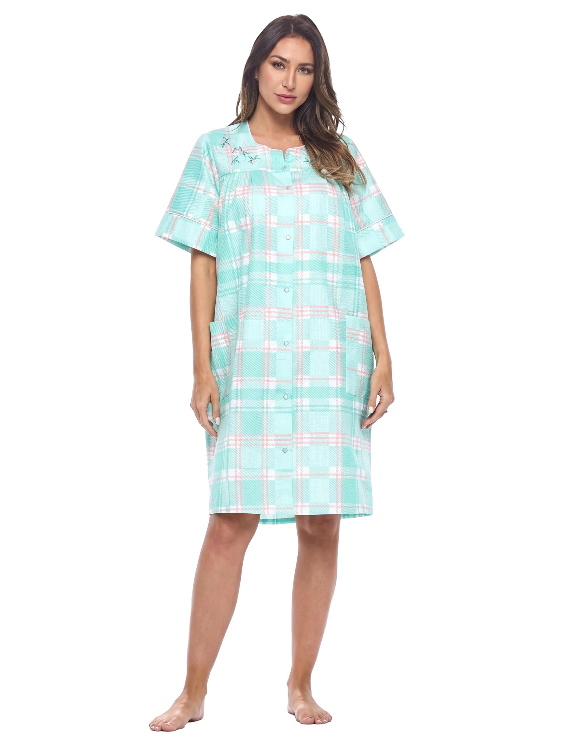 Casual Nights Women's Snap - Front House Dress Short Sleeve Woven Housecoat Duster Lounger Robe with Pockets