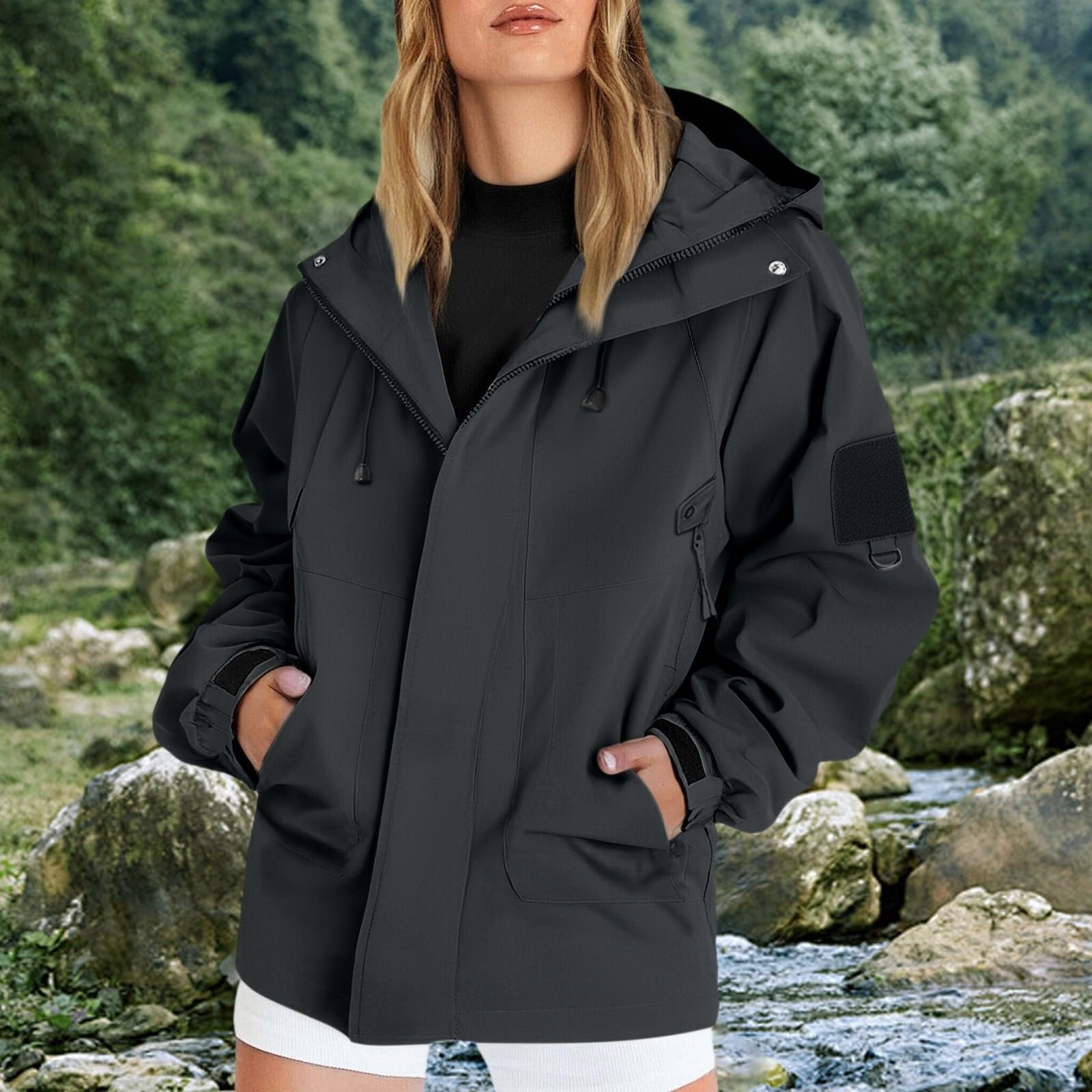 Mujer Impermeable Gabardina Chaquetas de Lluvia con Capucha Cortavientos Plegable Transpirable Cremallera Raincoat