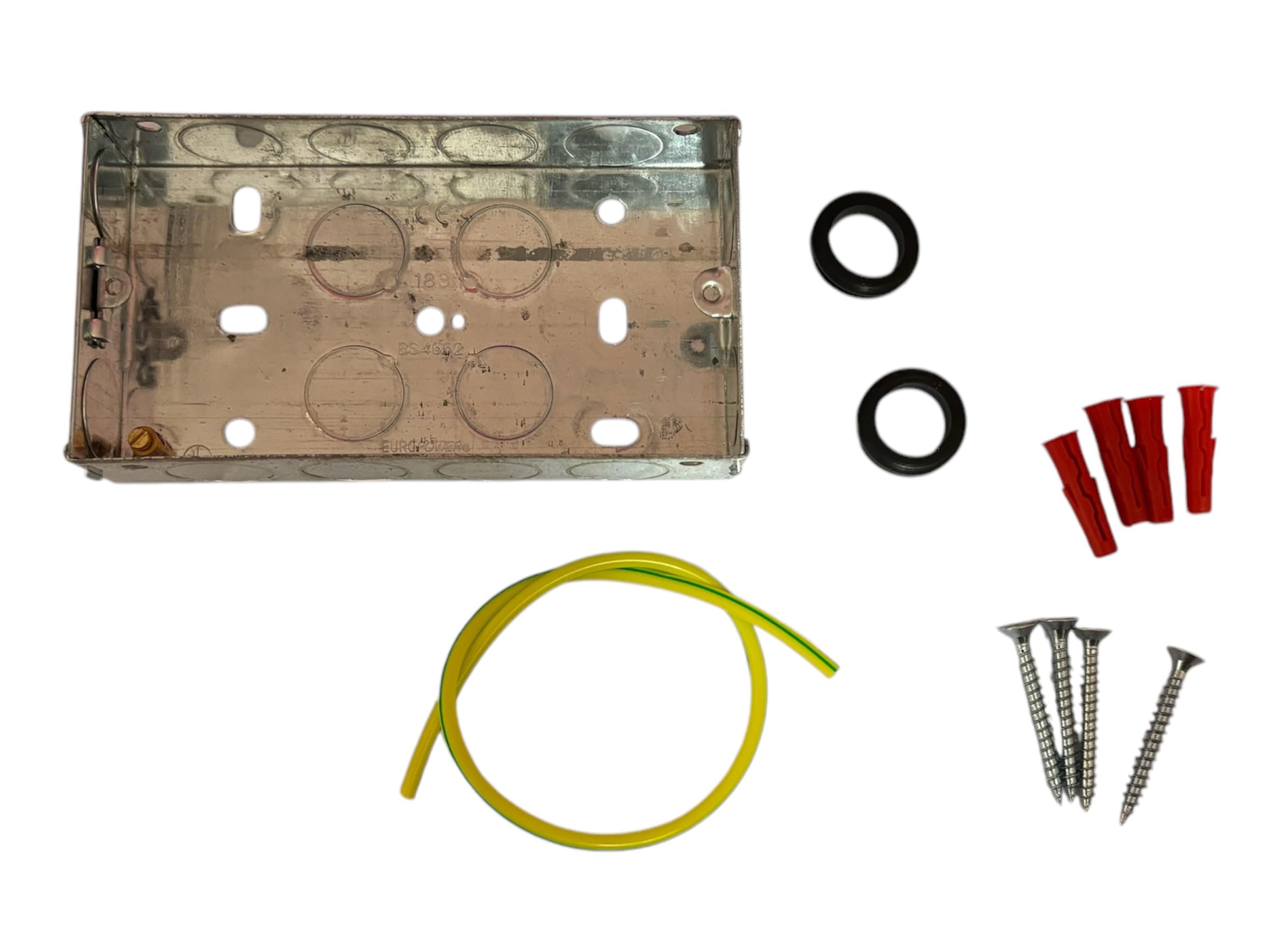 25MM 2 GANG METAL BACK BOX WITH ACCESSORIES, 1 × 25MM 2 GANG METAL BACK BOX, 4 × SCREWS (4.5 × 40MM) - Image 2