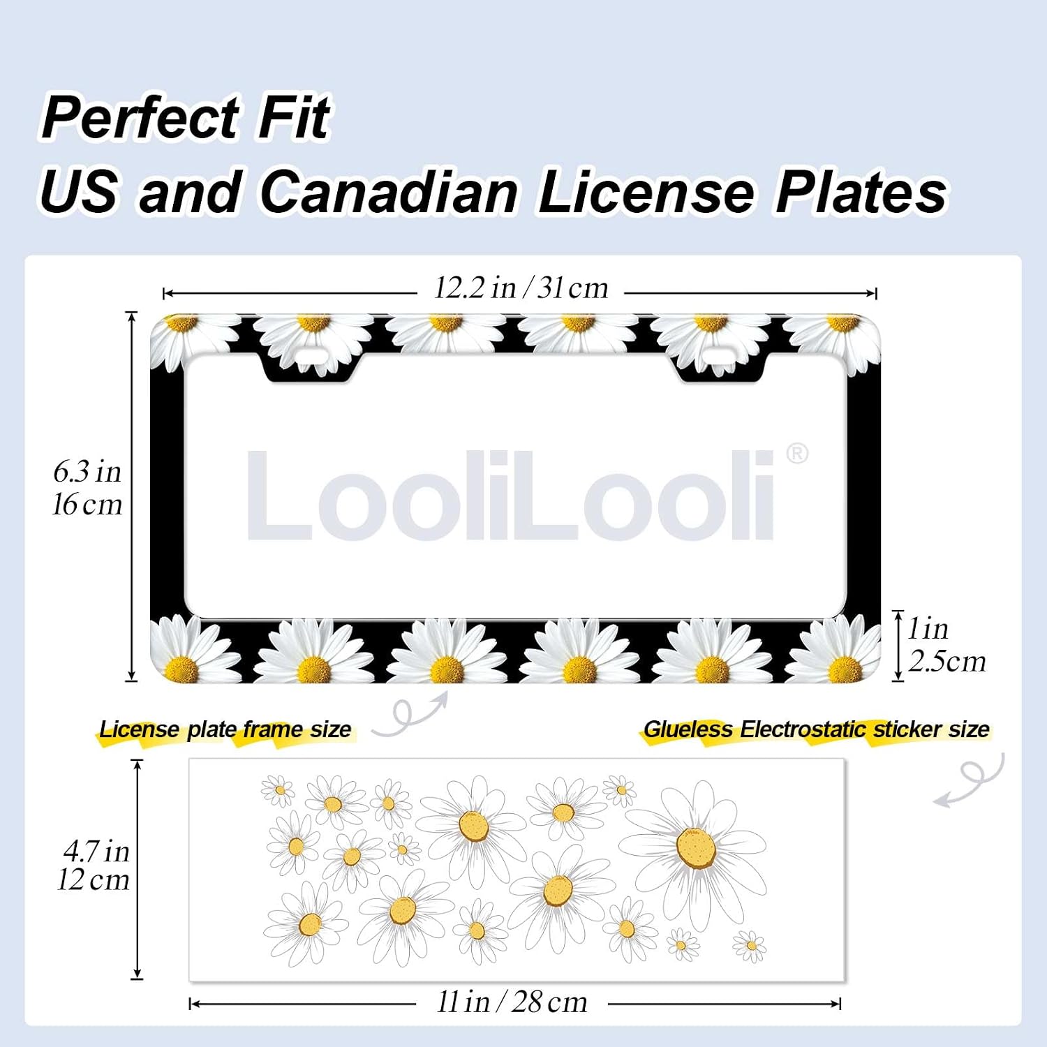 White Daisy License Plate Frame - 1 Pack Modern Black and White Floral Car Tag Holder - Pretty Sunflower Daisy Art Decorative Plate Cover for Women (Includes Sticker) image 3