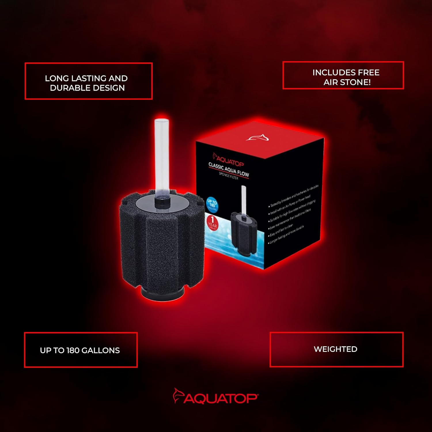 Aquatop Internal Sponge Filter – Up to 180 Gallons – CAF-180 – Includes Free Air Stone – Mechanical & Biological Filtration – High Flow Rates