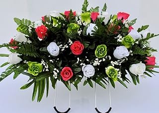 Spring Cemetery Flowers for Headstone and Grave Decoration-Pink Green and White Rose Mix Saddle